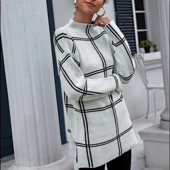 Plaid Sweater Top Slit Mock Cowl Neck - Picture 3 of 5